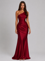 Women's One Shoulder Draped Satin Maxi Dress