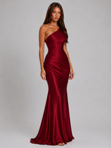 Women's One Shoulder Draped Satin Maxi Dress