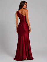 Women's One Shoulder Draped Satin Maxi Dress