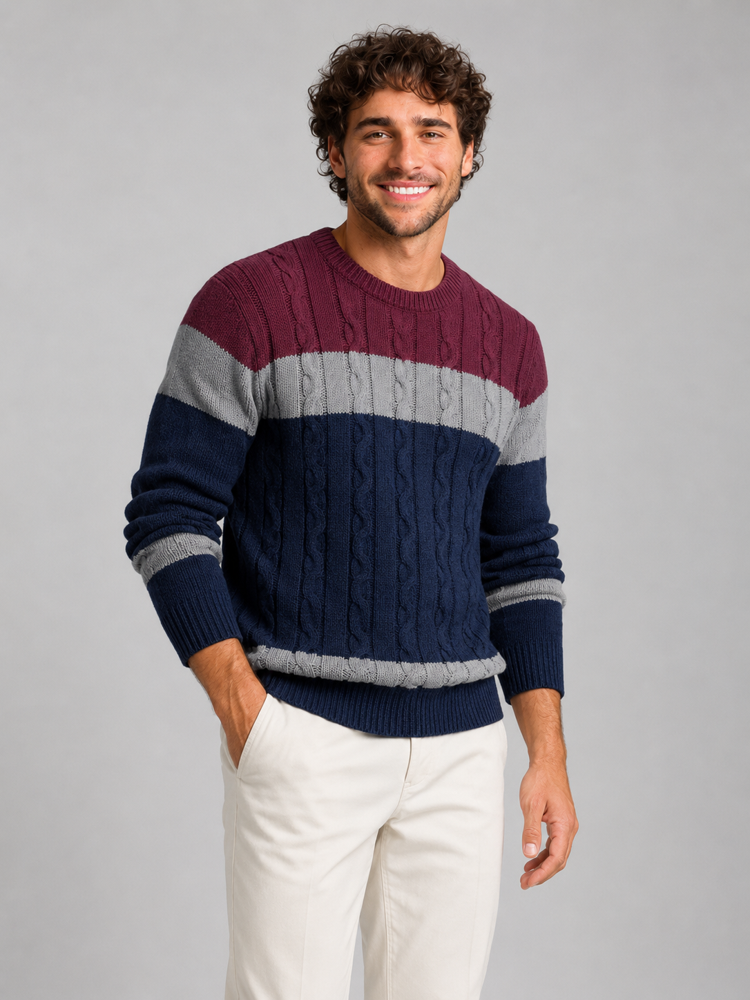 Men's Colour-Block Cable Knit Sweater