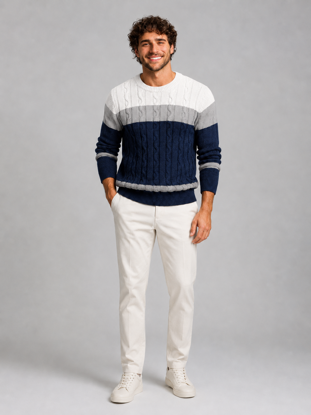Men's Colour-Block Cable Knit Sweater