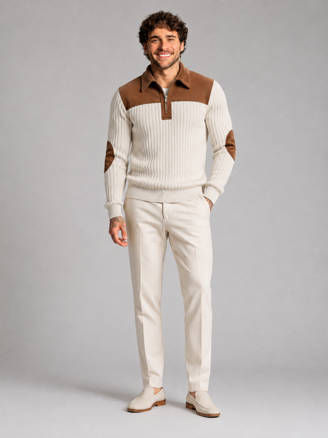 Men's Contrast Yoke Quarter-Zip Pullover
