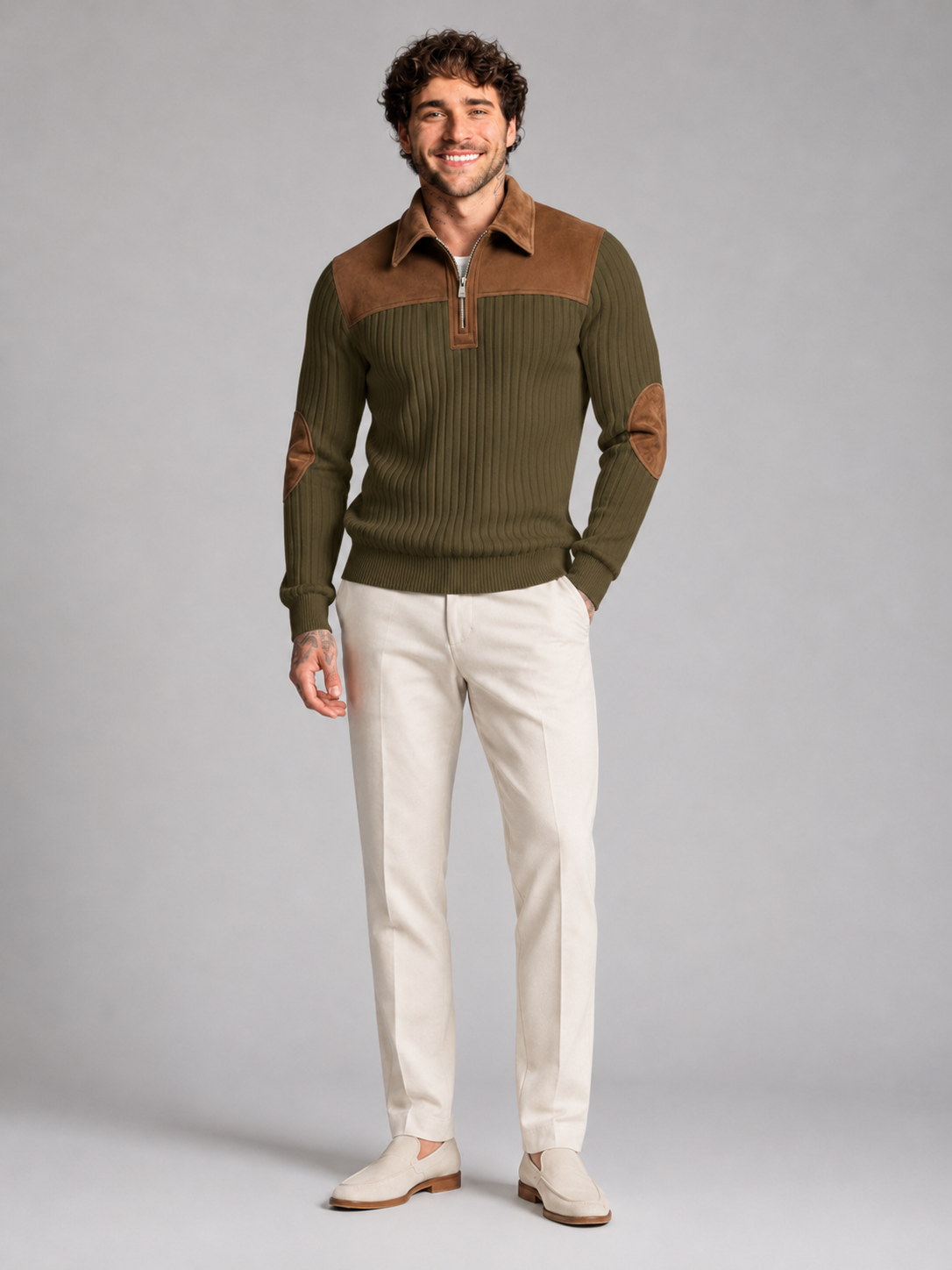 Men's Contrast Yoke Quarter-Zip Pullover