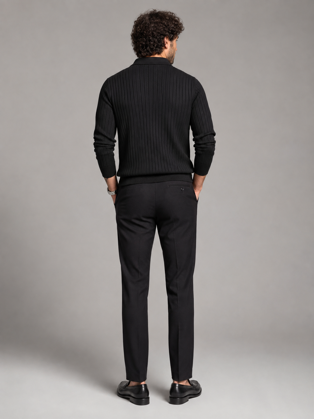 Men's Ribbed Open-Collar Polo Sweater