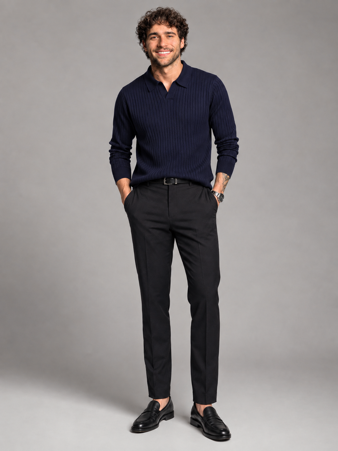 Men's Ribbed Open-Collar Polo Sweater