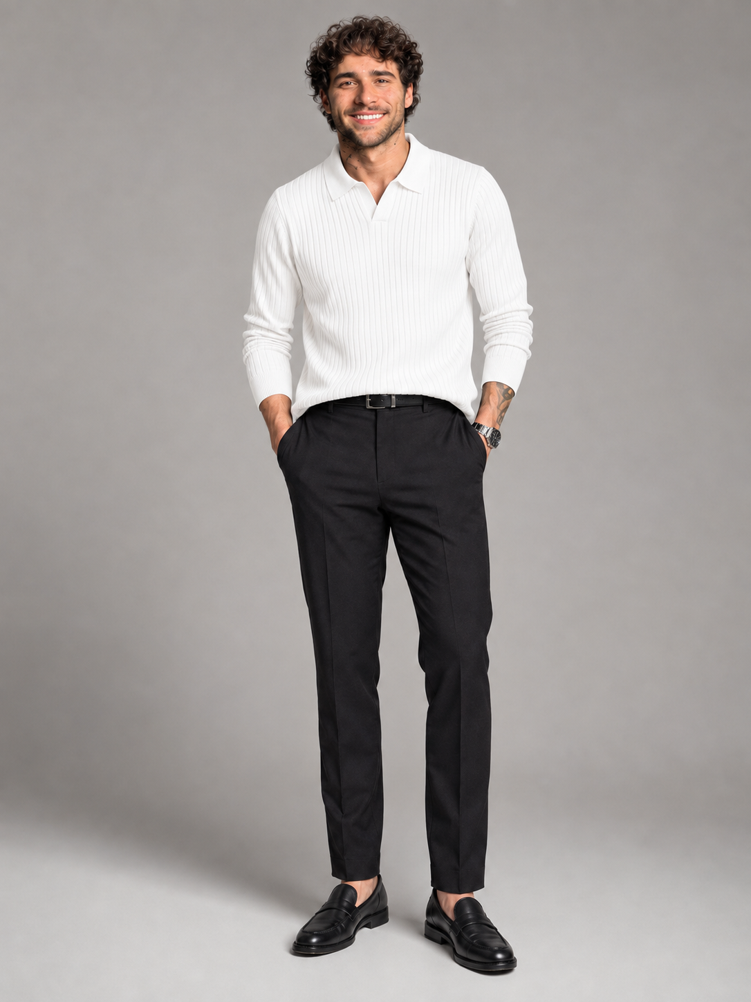 Men's Ribbed Open-Collar Polo Sweater