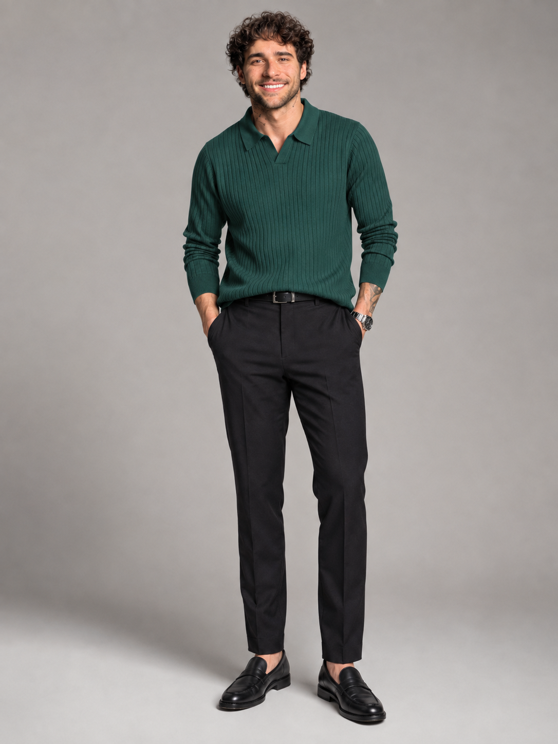 Men's Ribbed Open-Collar Polo Sweater