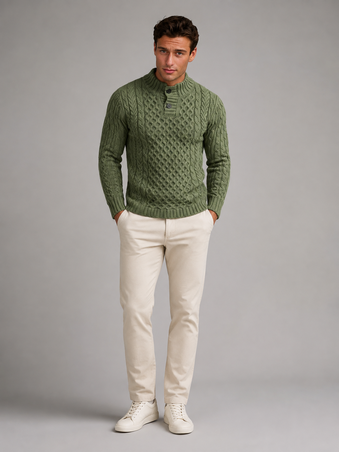 Men's Cable Knit Button Neck Sweater