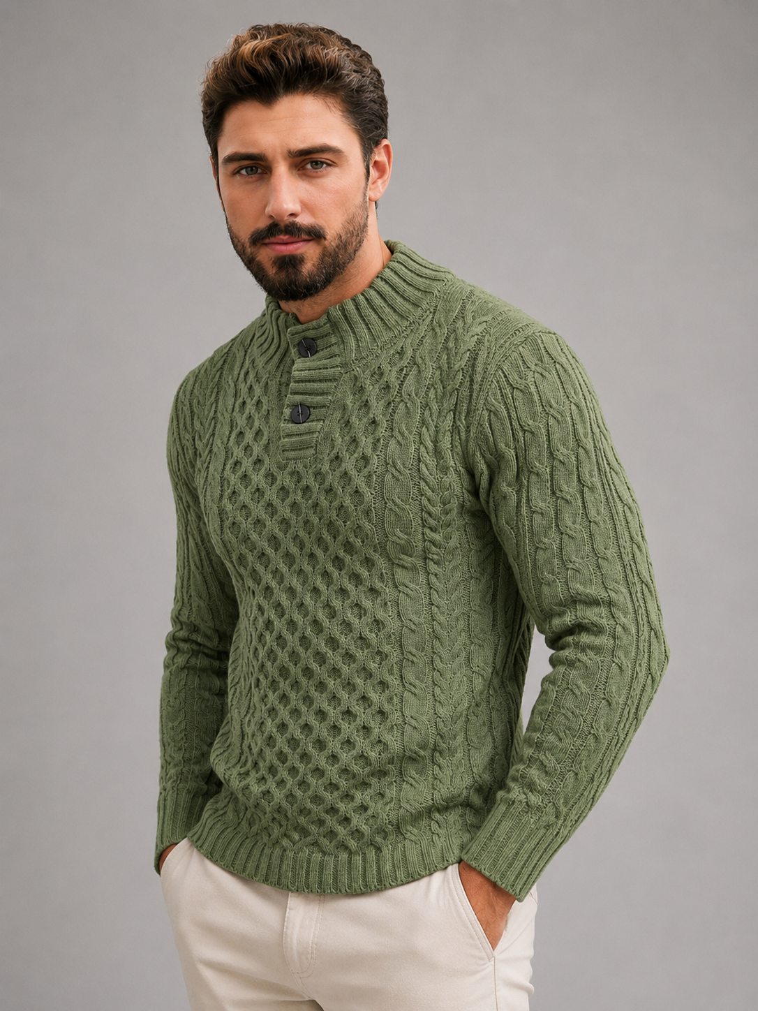 Men's Cable Knit Button Neck Sweater