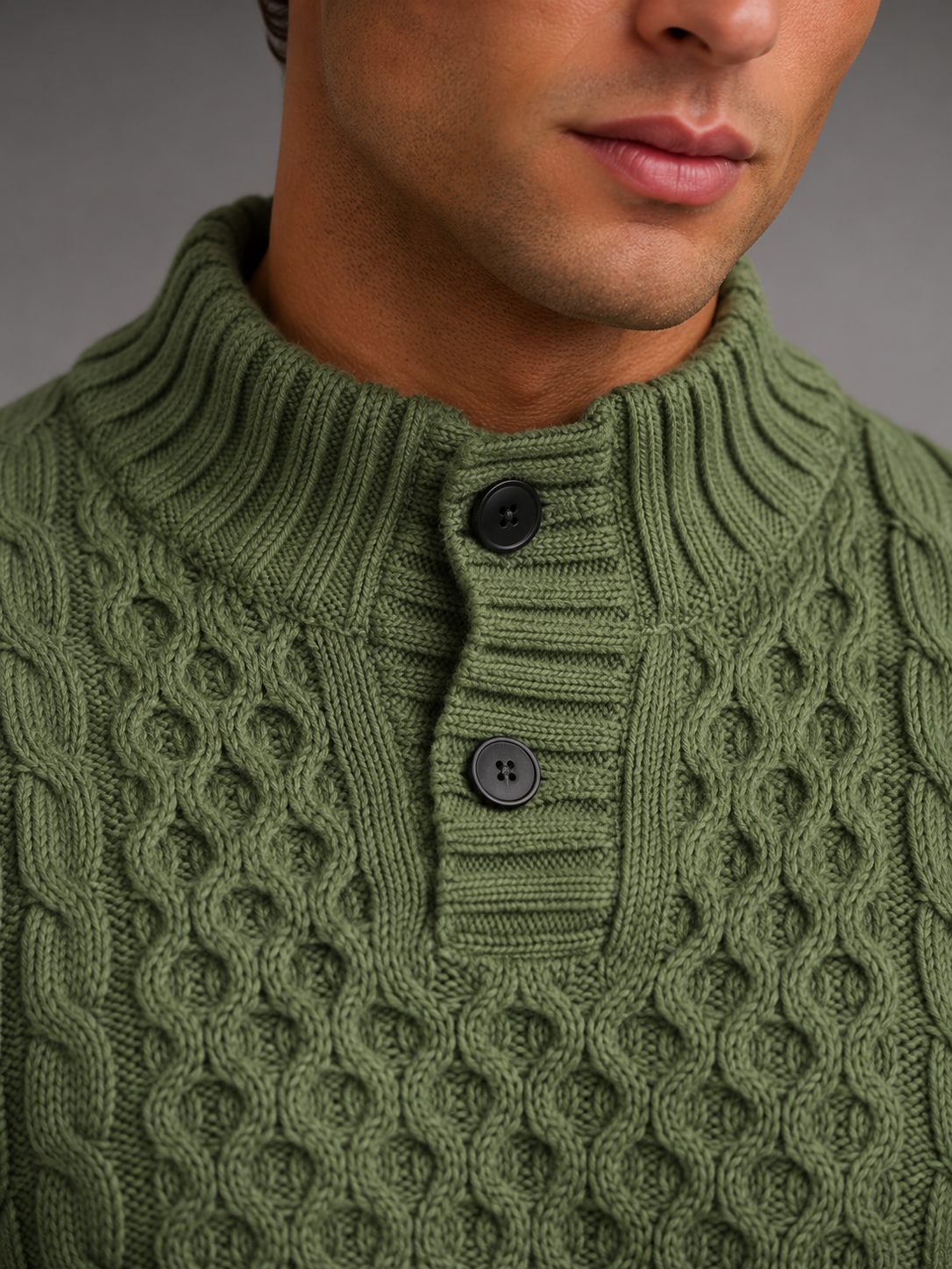 Men's Cable Knit Button Neck Sweater