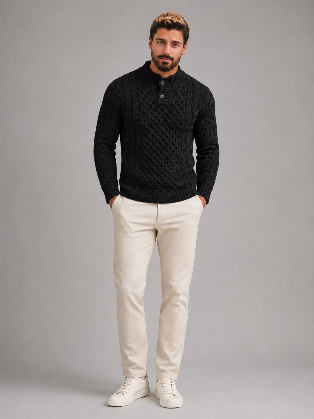 Men's Cable Knit Button Neck Sweater