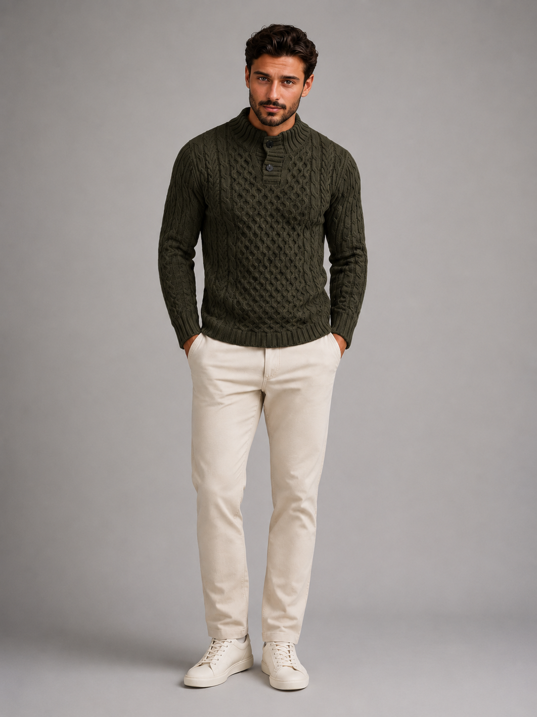 Men's Cable Knit Button Neck Sweater
