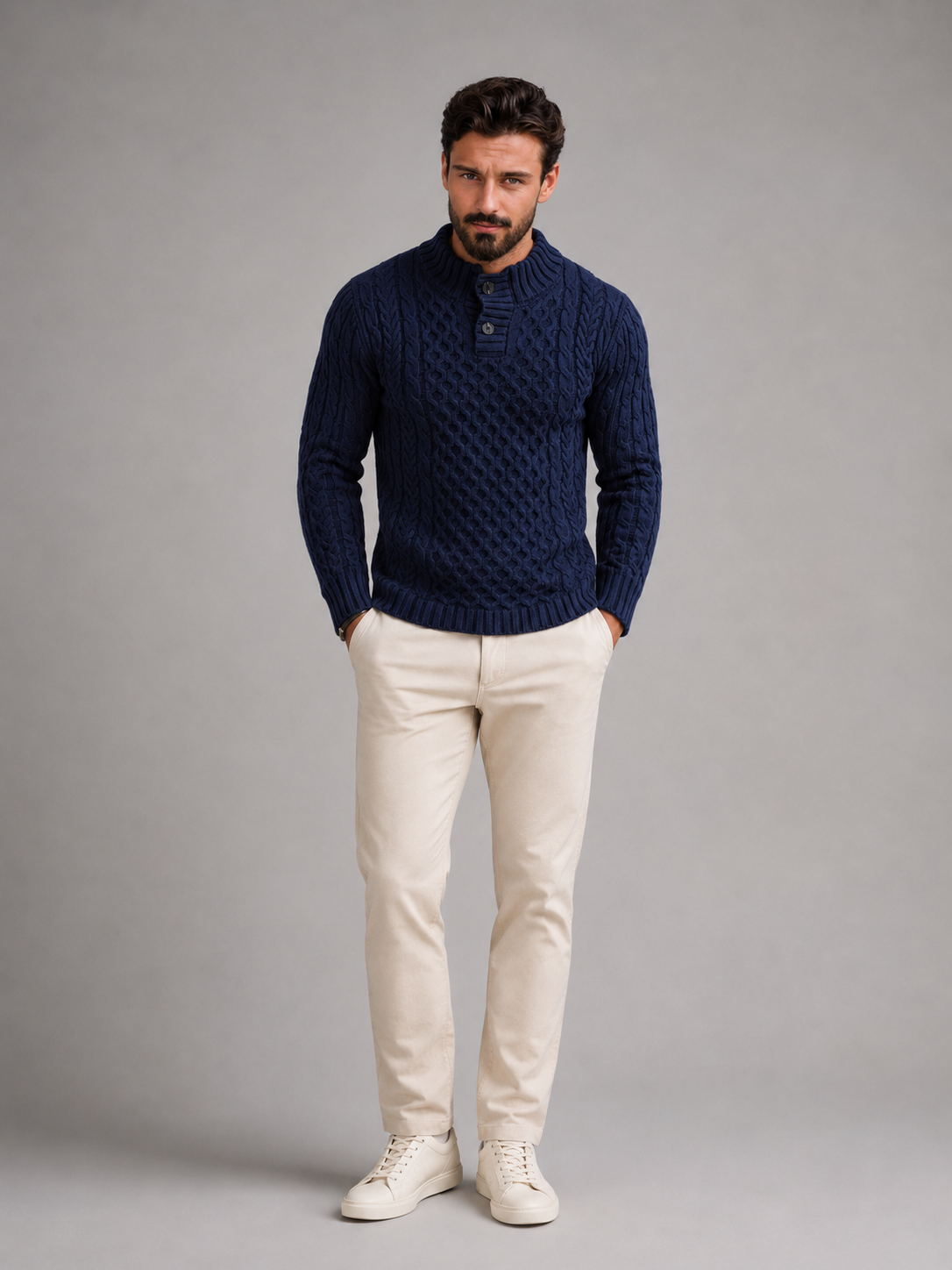 Men's Cable Knit Button Neck Sweater