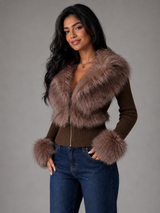 Women's Faux Fur Trim Zip Knit Cardigan