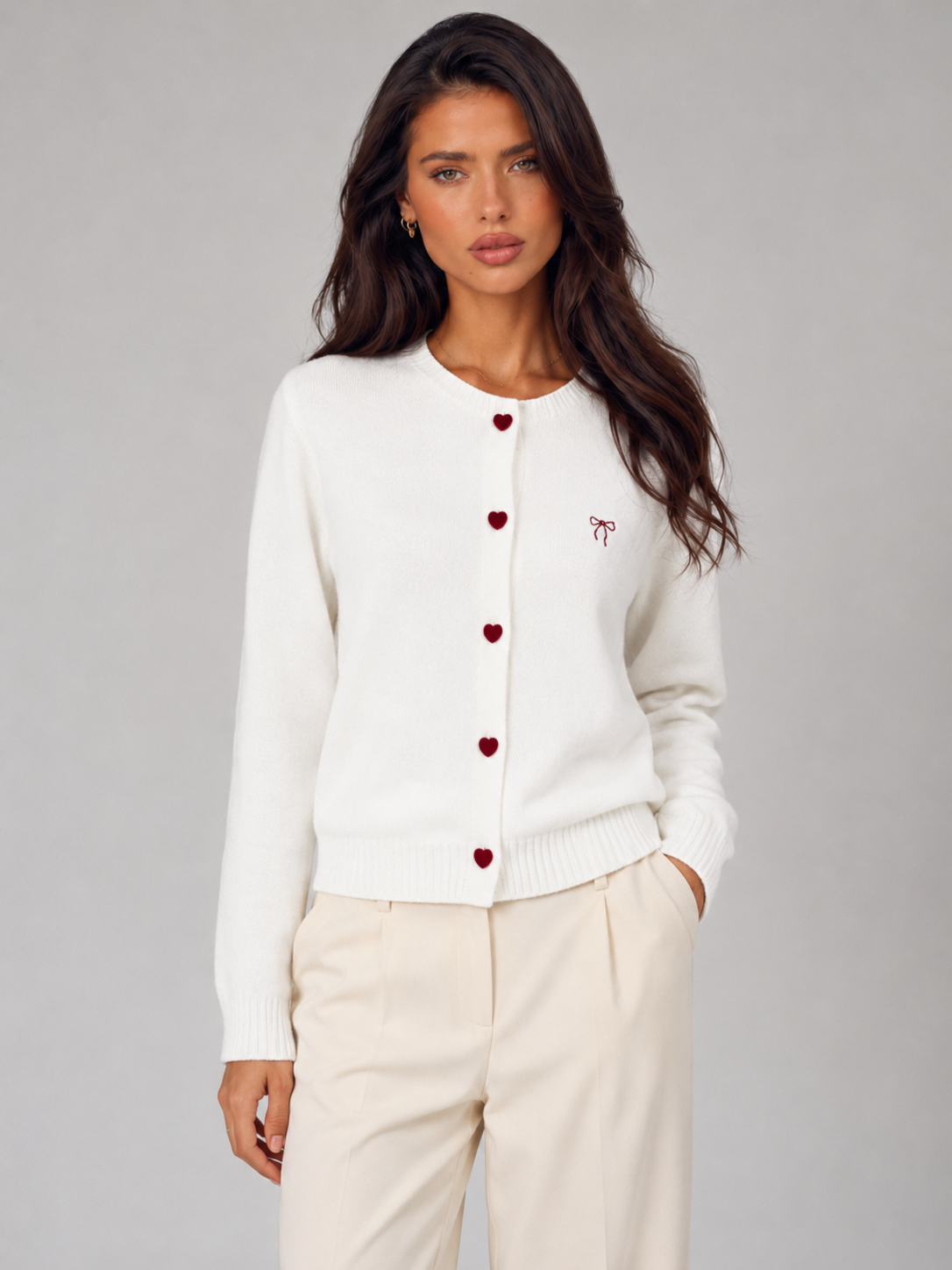 Women's Heart-Button Knit Cardigan With Bow Embroidery