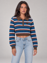 Women's Cropped Striped Polo Jumper | Quarter Zip Retro Knit