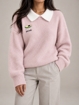 Women's Contrast Collar Jumper | Embroidered Crew Neck Knit