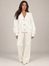 Women's Fluffy Knit Cardigan | Bow Button V-Neck Sweater
