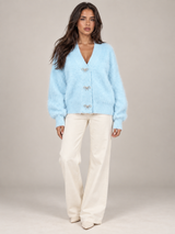 Women's Fluffy Knit Cardigan | Bow Button V-Neck Sweater
