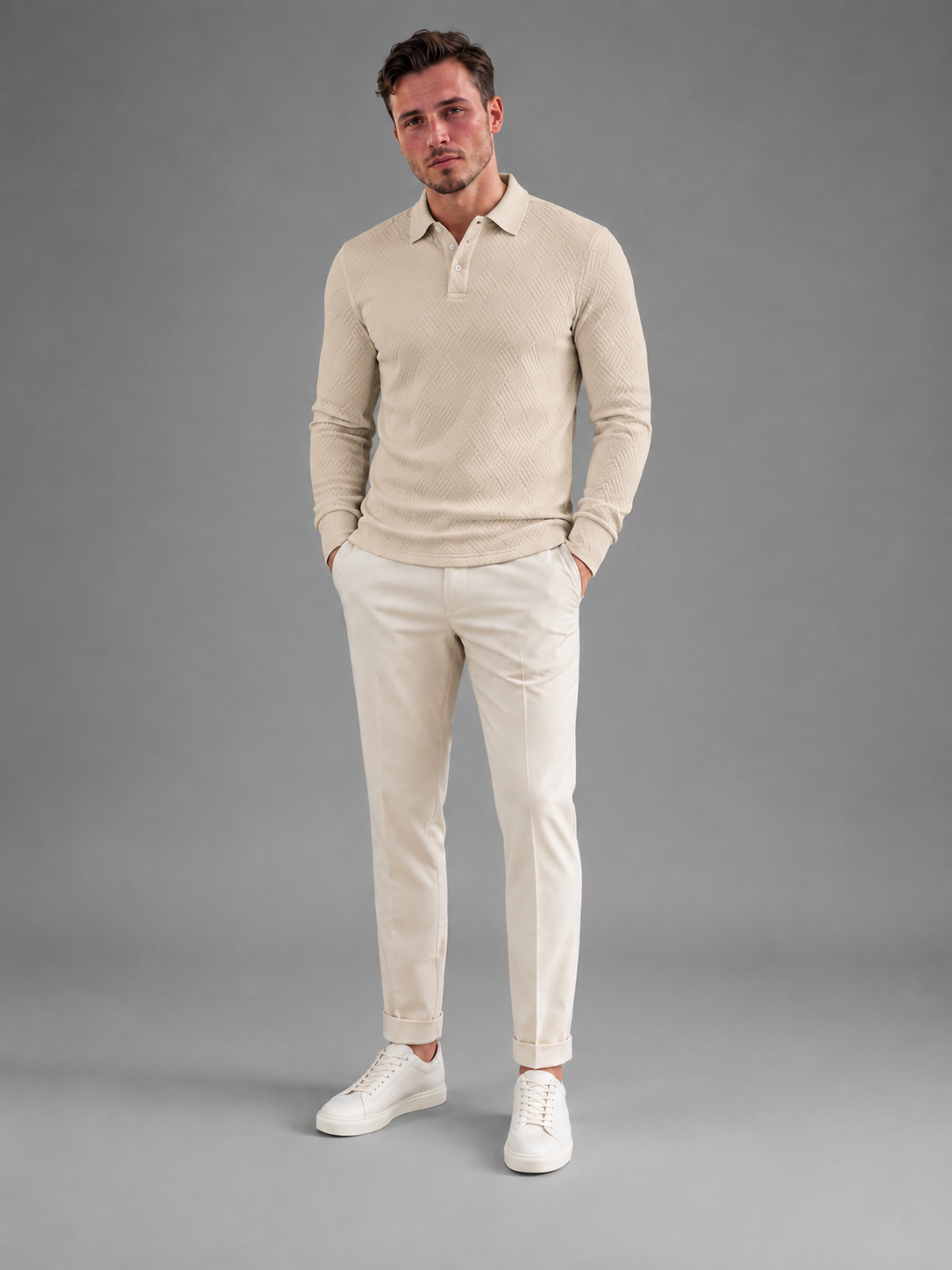 Men's Textured Long Sleeve Knit Polo