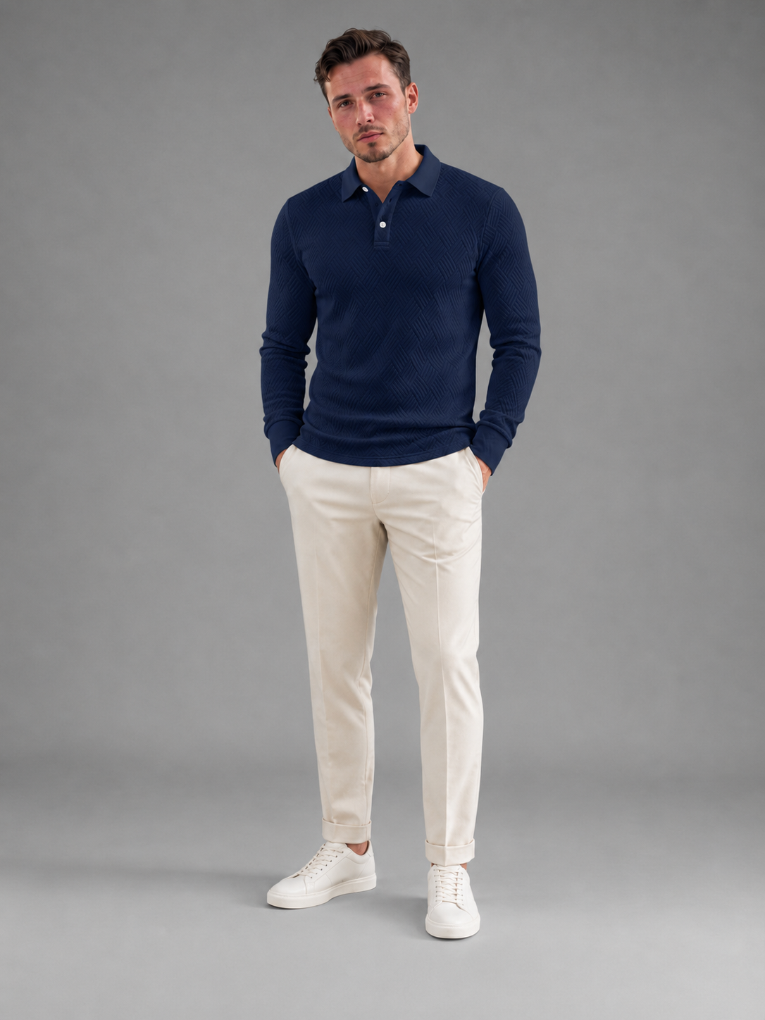 Men's Textured Long Sleeve Knit Polo