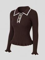 Women's Ribbed Knit Polo Top | Contrast Collar Fitted Jumper