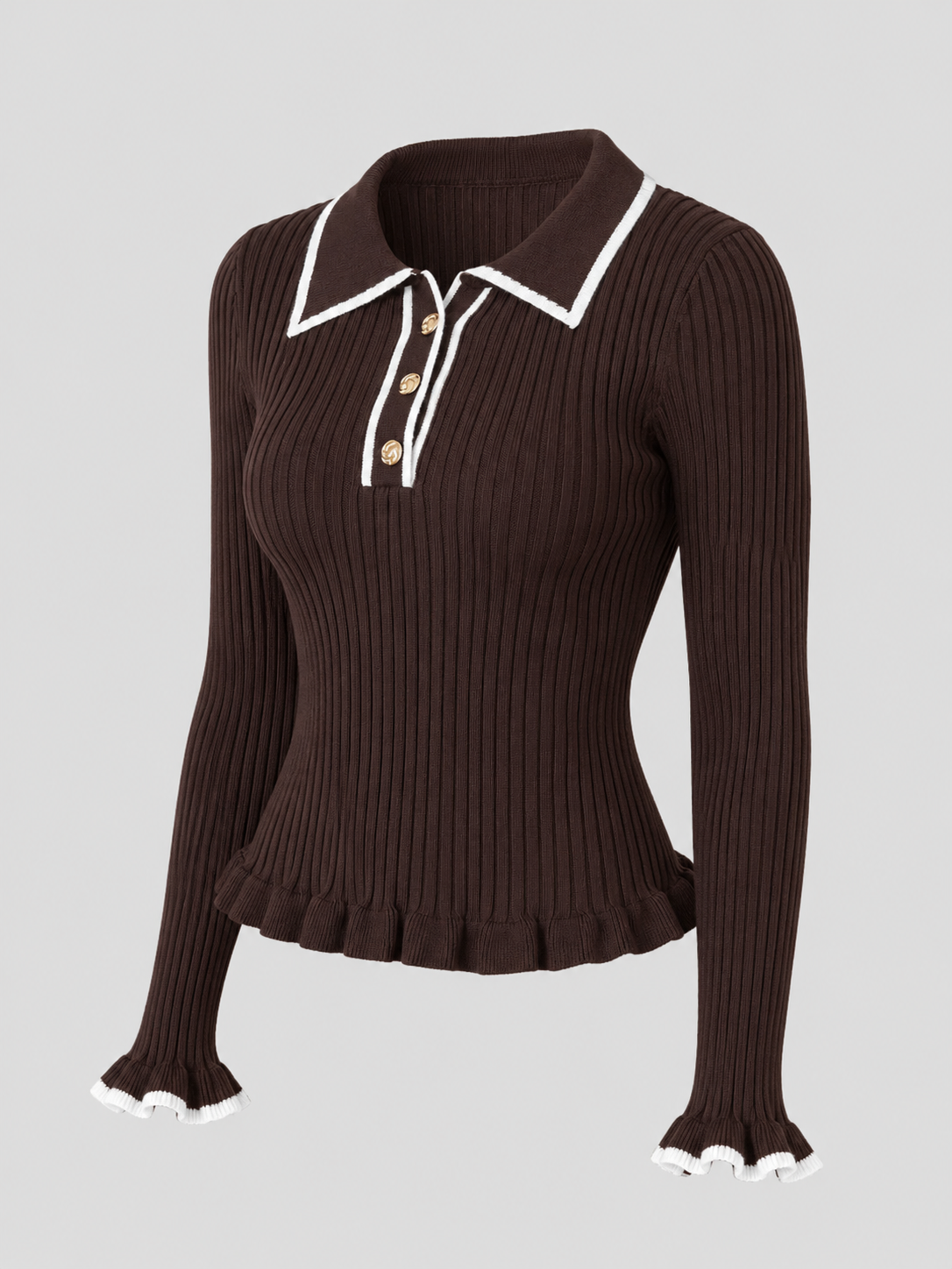 Women's Ribbed Knit Polo Top | Contrast Collar Fitted Jumper