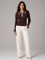 Women's Ribbed Knit Polo Top | Contrast Collar Fitted Jumper