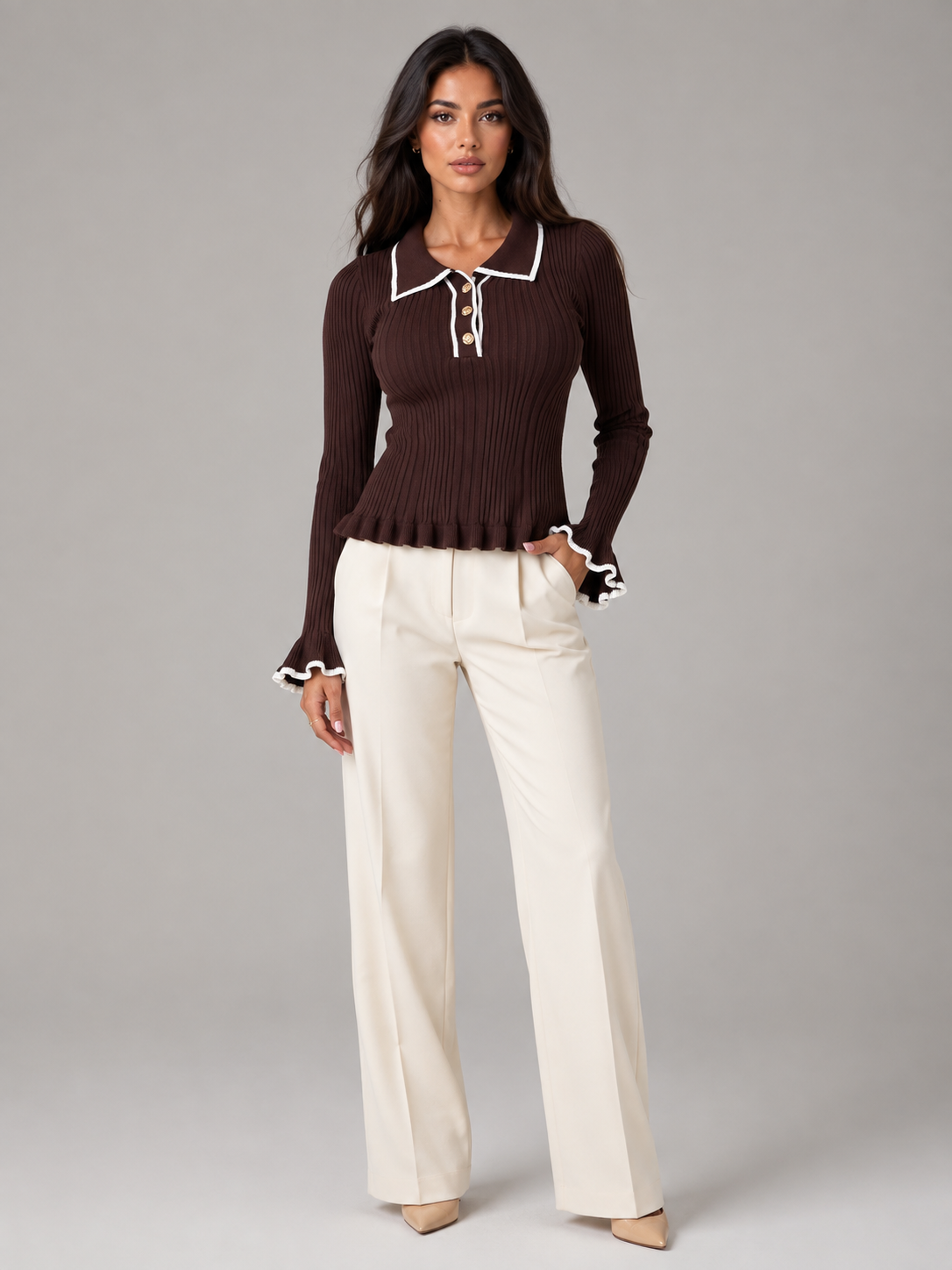 Women's Ribbed Knit Polo Top | Contrast Collar Fitted Jumper