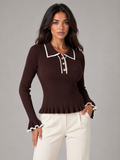 Women's Ribbed Knit Polo Top | Contrast Collar Fitted Jumper
