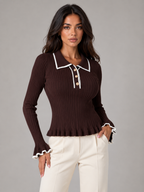 Women's Ribbed Knit Polo Top | Contrast Collar Fitted Jumper