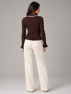 Women's Ribbed Knit Polo Top | Contrast Collar Fitted Jumper