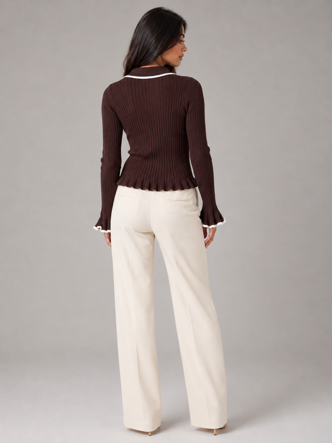 Women's Ribbed Knit Polo Top | Contrast Collar Fitted Jumper