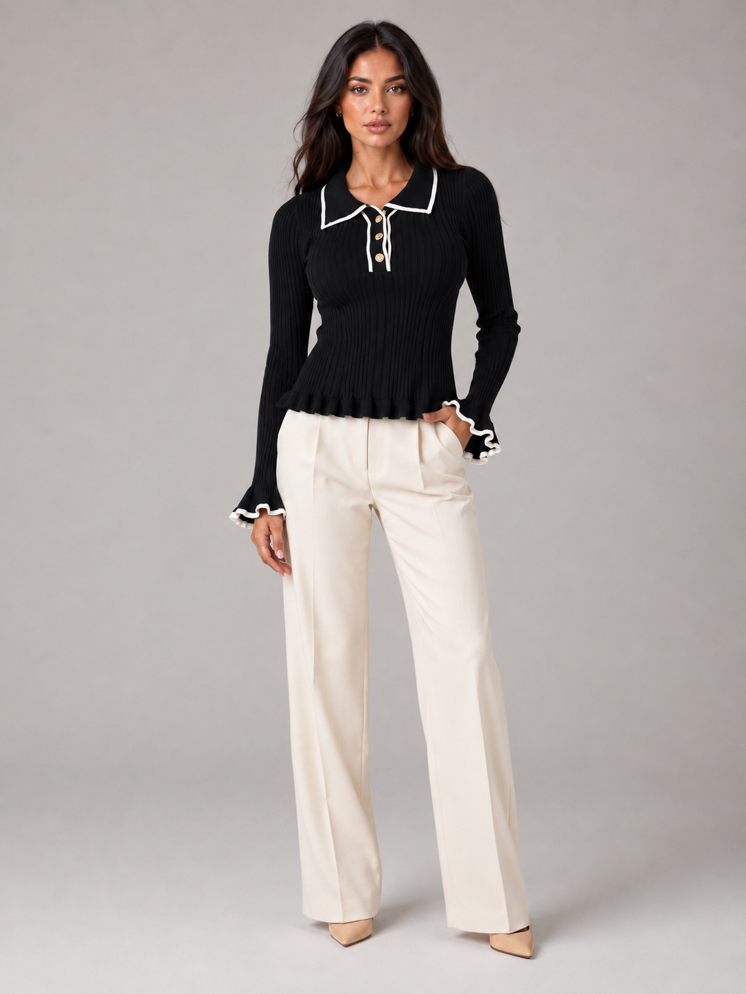 Women's Ribbed Knit Polo Top | Contrast Collar Fitted Jumper