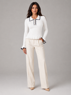 Women's Ribbed Knit Polo Top | Contrast Collar Fitted Jumper