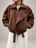 Women's Oversized Suede Jacket | Belted Zip Up Bomber Coat