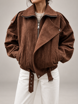 Women's Oversized Suede Jacket | Belted Zip Up Bomber Coat