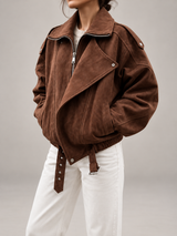 Women's Oversized Suede Jacket | Belted Zip Up Bomber Coat