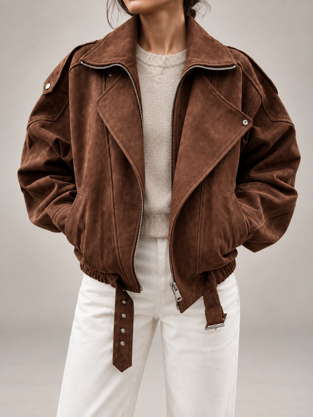 Women's Oversized Suede Jacket | Belted Zip Up Bomber Coat