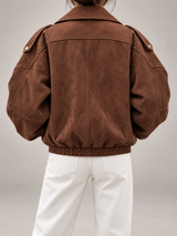 Women's Oversized Suede Jacket | Belted Zip Up Bomber Coat