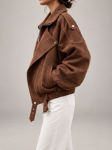 Women's Oversized Suede Jacket | Belted Zip Up Bomber Coat