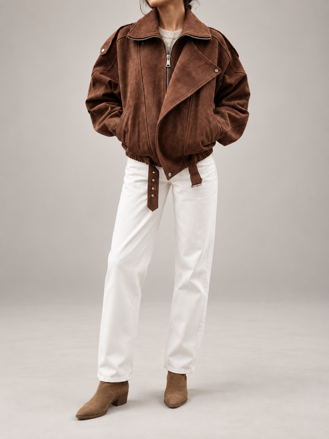 Women's Oversized Suede Jacket | Belted Zip Up Bomber Coat