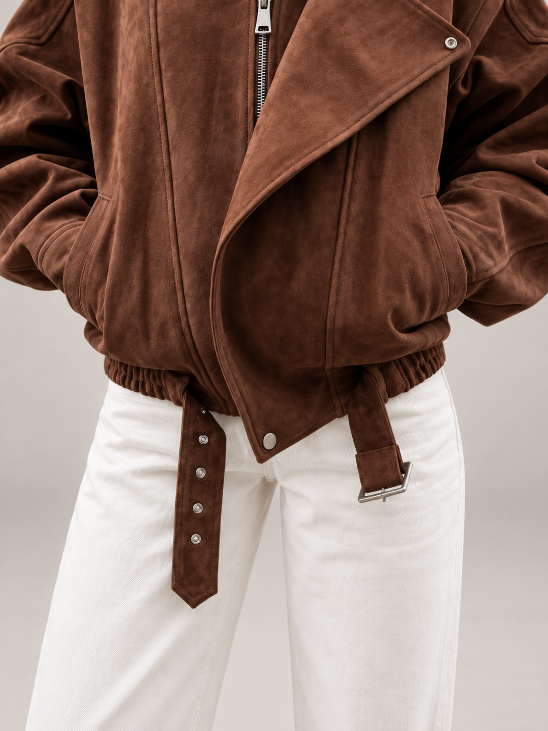 Women's Oversized Suede Jacket | Belted Zip Up Bomber Coat
