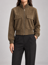 Women's Suede Bomber Jacket | Stand Collar Zip Up Coat