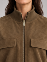 Women's Suede Bomber Jacket | Stand Collar Zip Up Coat