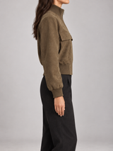Women's Suede Bomber Jacket | Stand Collar Zip Up Coat