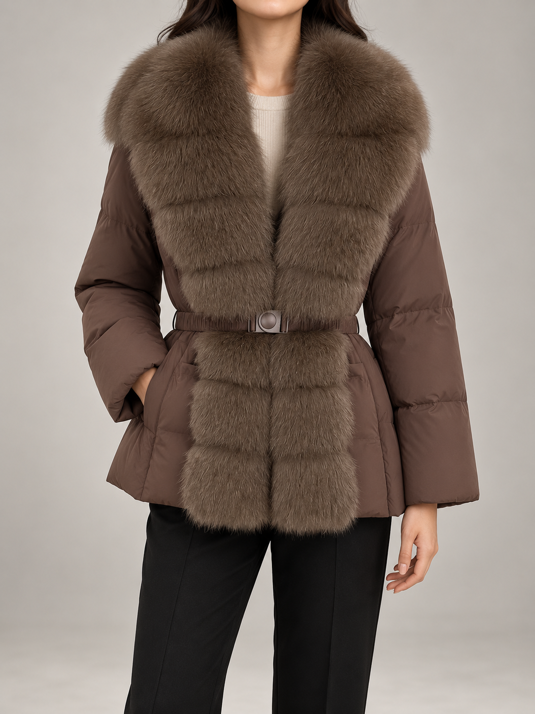 Women's Fur Collar Belted Puffer Coat | Quilted Winter Jacket