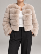 Women's Faux Fur Cropped Jacket | Collarless Panelled Coat