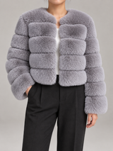 Women's Faux Fur Cropped Jacket | Collarless Panelled Coat