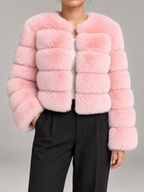 Women's Faux Fur Cropped Jacket | Collarless Panelled Coat